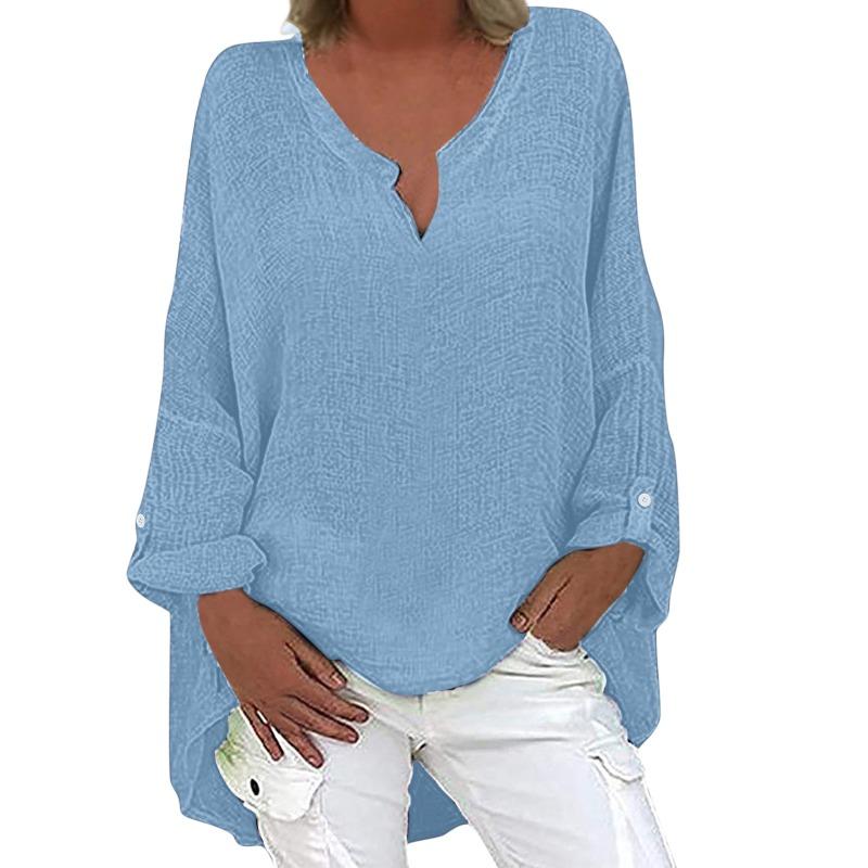 Womens Cotton Linen V Neck Long Sleeve Button Blouse