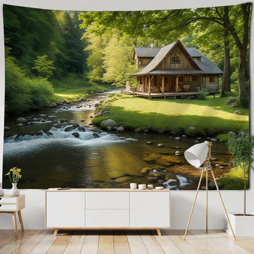 

Гобелен с рисунком «Лесная хижина» и «Река», гобелен для спальни, гостиной, настенное украшение для дома, гобелен 100x75cm