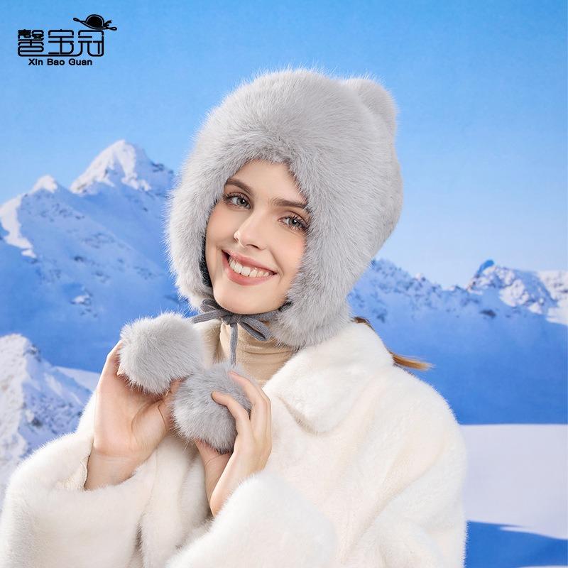 Winter Thickened Cold-proof Pullover Hat Plush Hairball Warm Ear Protection Hat Women's Big Head Circumference