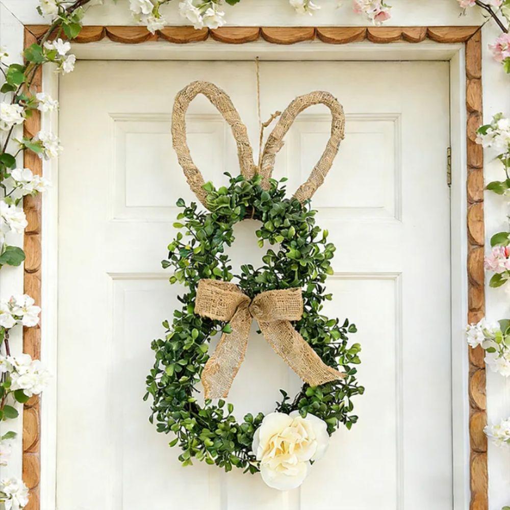 19.6 Inch Easter Bunny Decor With Flower Front Door Wreath Bunny Shape Wreath  Home Indoor
