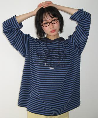 Stripe Blocking Hood Long Sleeve Navy Blue