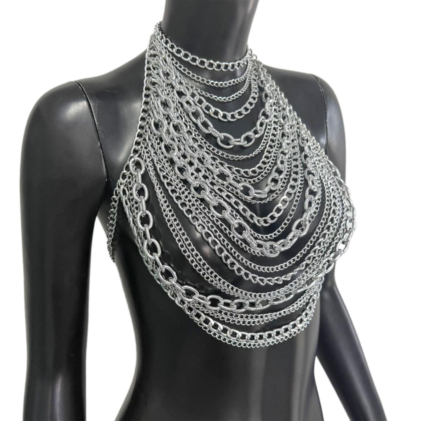 

Крутая нагрудная цепочка, украшение для тела, многослойная металлическая цепочка для тела для рейв-концертов и костюмированных вечеринок, отпускное шейное украшение