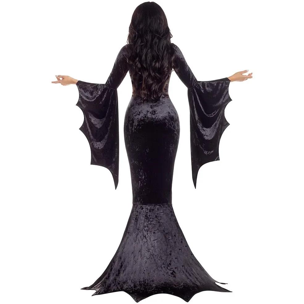 Costume Morticia Addams Long Train Dress Halloween Terror Dark Outfit Gothic Gown Robe Bat Sleeve Horror For Adult