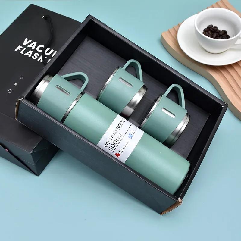 500ML 3-Tassen-Deckel Outdoor Heißwasser Thermoisolierung Neue Edelstahl-Vakuumflasche Geschenkset Thermoskanne Business-Stil