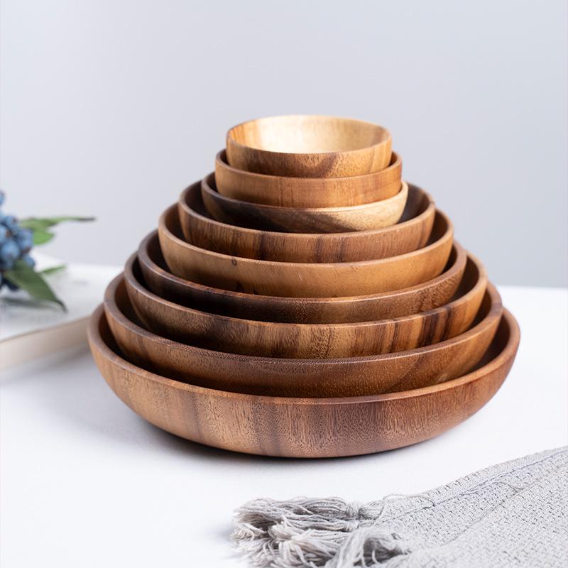 Acacia Wood Round Fruit Bowl: Japanese Tray for Snacks, Dried Fruits, or Desserts