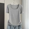 Plus Size Women Square Neck Short Sleeve Tee Ribbed Standard Shoulder Slim Summer Top