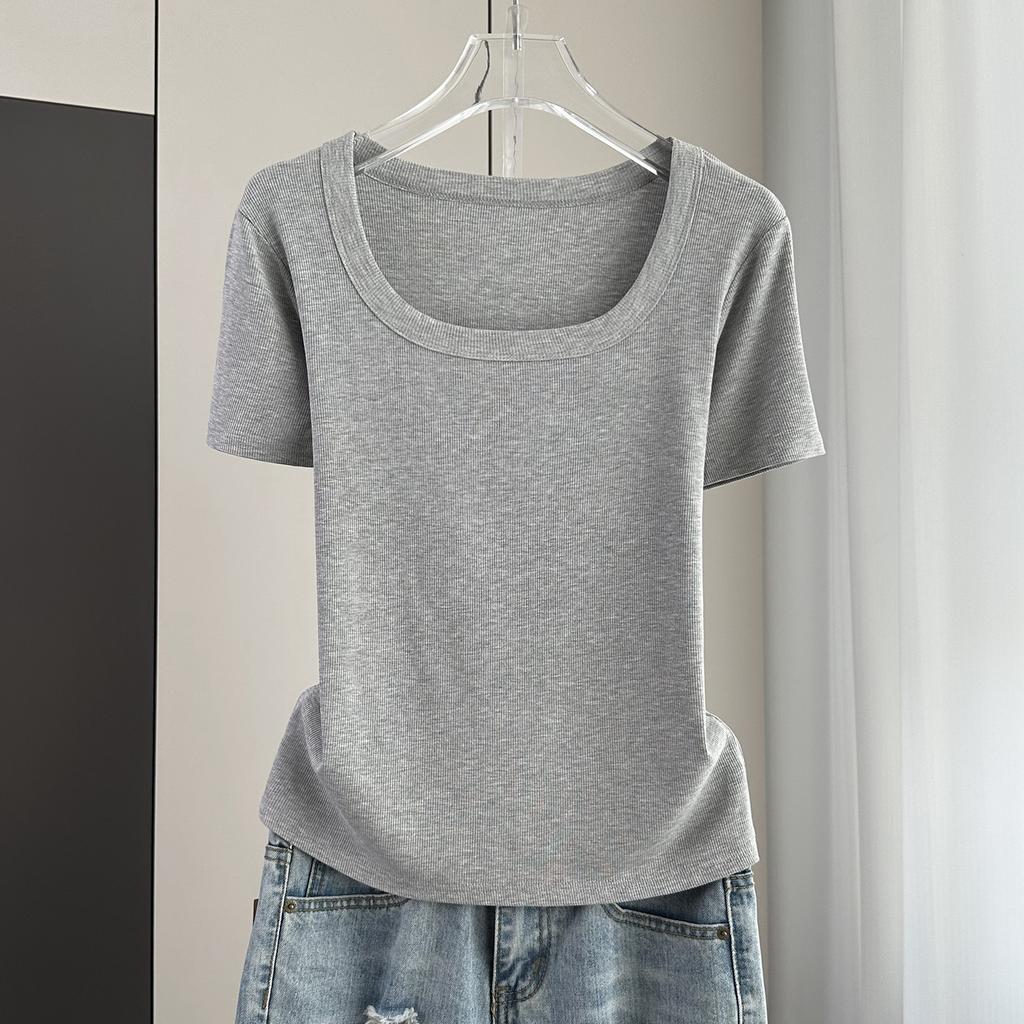 Plus Size Women Square Neck Short Sleeve Tee Ribbed Standard Shoulder Slim Summer Top