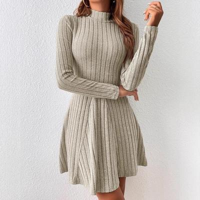 2024 Women's Gentle Style Solid Color Knit Dress - Round Neck, Waist-Hugging, Long Sleeve