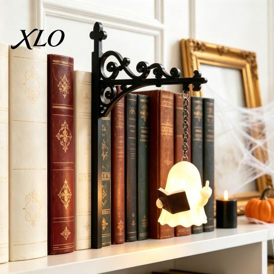 Vintage Style Hanging Lantern Library Bookshelf Lamp, Metal LED Nightlight for Book Nook Decor, Miniature Ghost Reading Book/Wearing Sunglasses Light