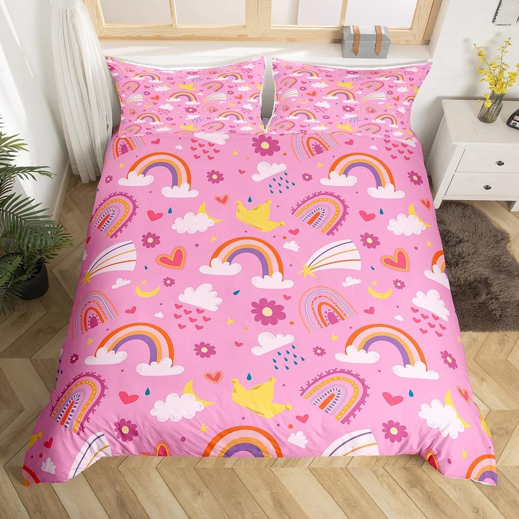 Rainbow King Queen Duvet Cover Colorful Rainbows Bedding Set Watercolor Floral Butterfly Comforter Cover Polyester Quilt Cover