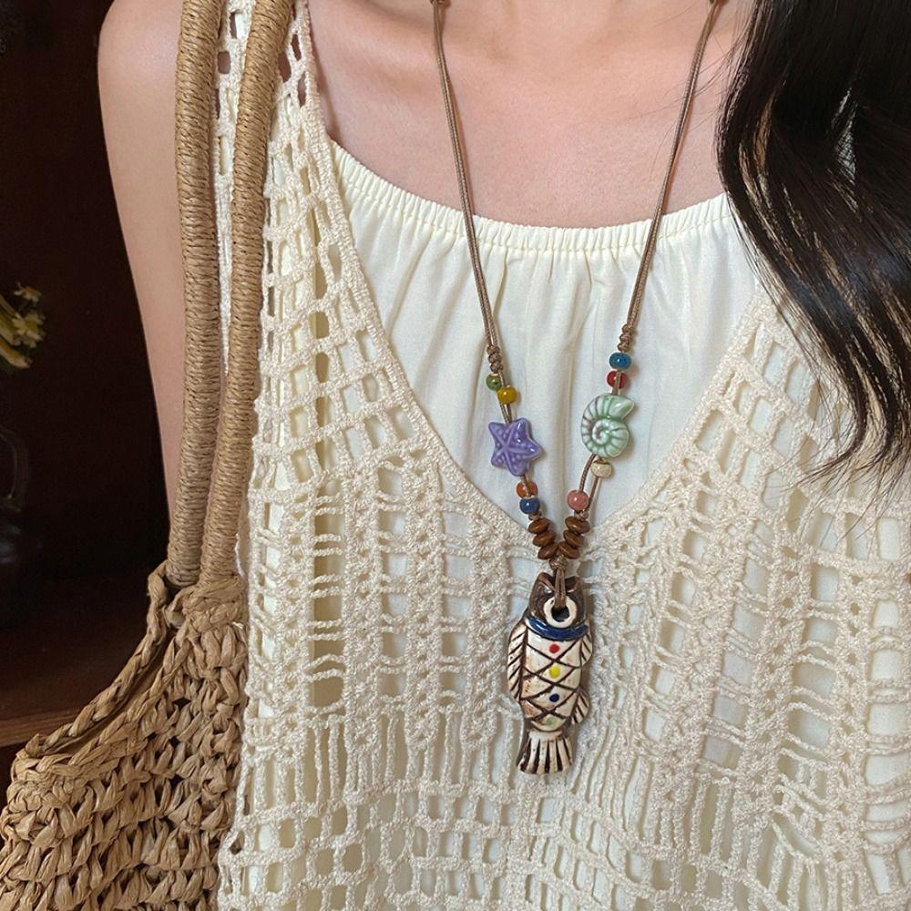 Vintage Ceramic Fish Necklace Tassel Bohemian Style Choker Antique Ethnic Style Necklace Party