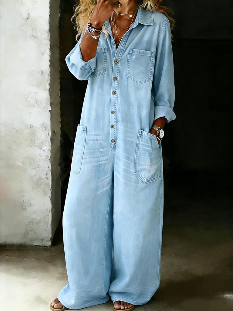 Retro European and American Wide-Leg Denim Jumpsuit with Lapel Long Sleeves