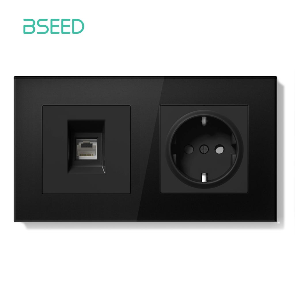 BSEED Dual Internet Sockets Single CAT6 Wall Socket EU Power Sockets Plus Network Data Computer Connecter Outlets Glass Panel