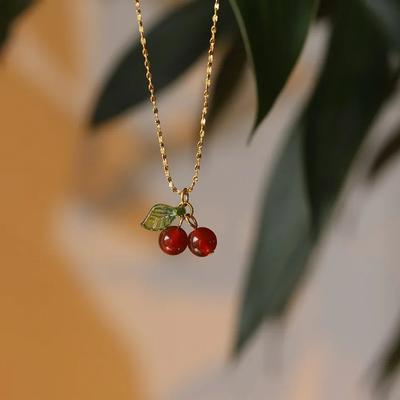 Stainless Steel Cherry Necklace Cute Beads Pendant Chain Necklace Women Wedding Jewelry Birthday Gift Collares Para Mujer