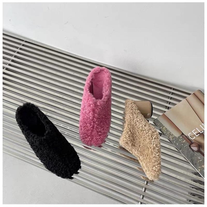 Fashion Fur Lambswool Heeled Slippers Woman Luxury Solid Color Horse Hair Round Toe Covered Toe Shoes Woman Designer Brand Casual Shoes
