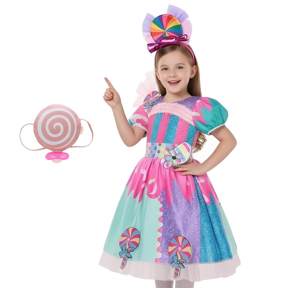 Purim Girls Lollipop Candy Dress With Headband 2 PCS Set Princess Cosplay Carnival Birthday Party Gift Cute Rainbow Costume