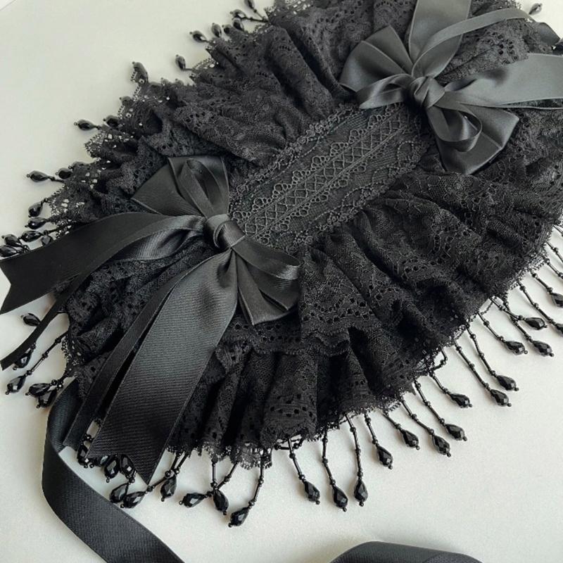 Gothic Handmade Lace Bonnet With Black Bowknot and Fringed Trim Design Adjustable Tie Headpiece For Women Cosplay Event
