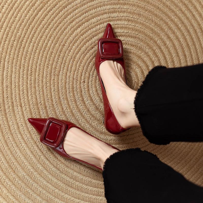 Fashion French Metal Buckle Single Shoes Spring and Summer Square Buckle 2025 Shallow Mouth Pointed Toe Red High Heels New Temperament