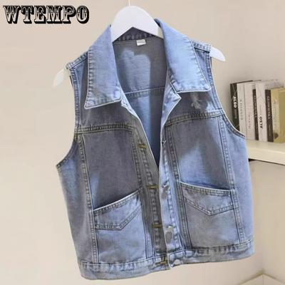 Amerikanische lockere Damenjeansweste ärmellose Weste kurze Jacke dünne Jacke