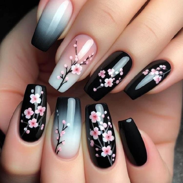 24pcs Fall Flower Press on Nail Coffin Designs Artificial Nail Floral False Nail  Elegant Full Cover Acrylic Nail