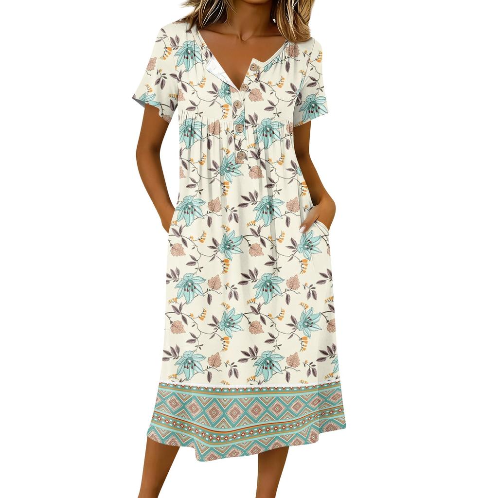 Dámské módní retro tištěné kulatý výstřih krátký rukáv knoflíky střední délka ležérní šaty