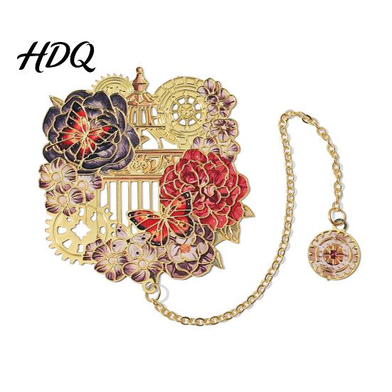 Aesthetic Bookmark Retro Flower Clock with Chain Metal Decorative Book Mark