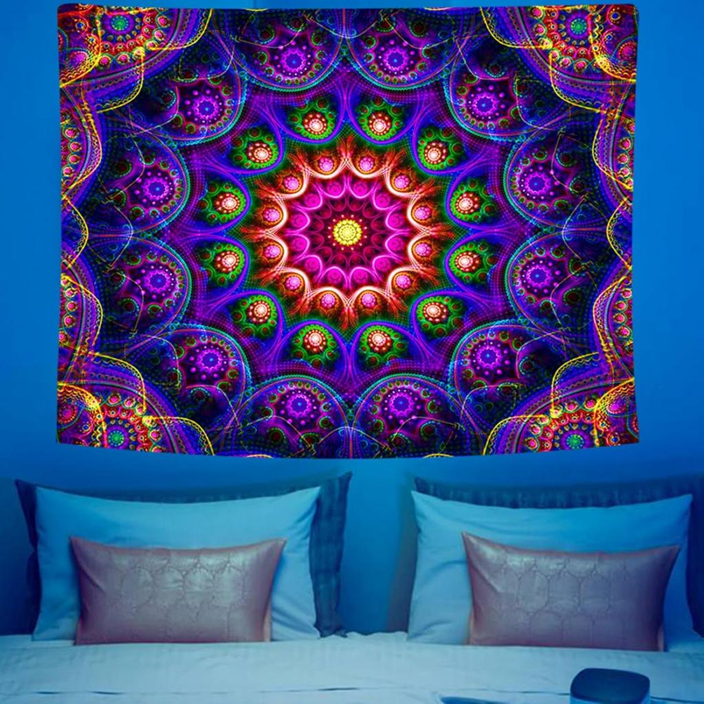 Blacklight Trippy Mandala Tapestry, Boho Black Light Posters for Adults UV Reactive Room Decor for Bedroom Wall