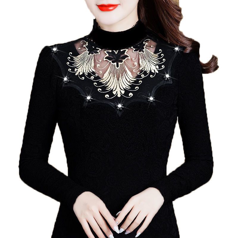 Women's Printed Stretch Base Shirt Slim Fit Lace Rhinestone Long Sleeve T-Shirt Fall Winter