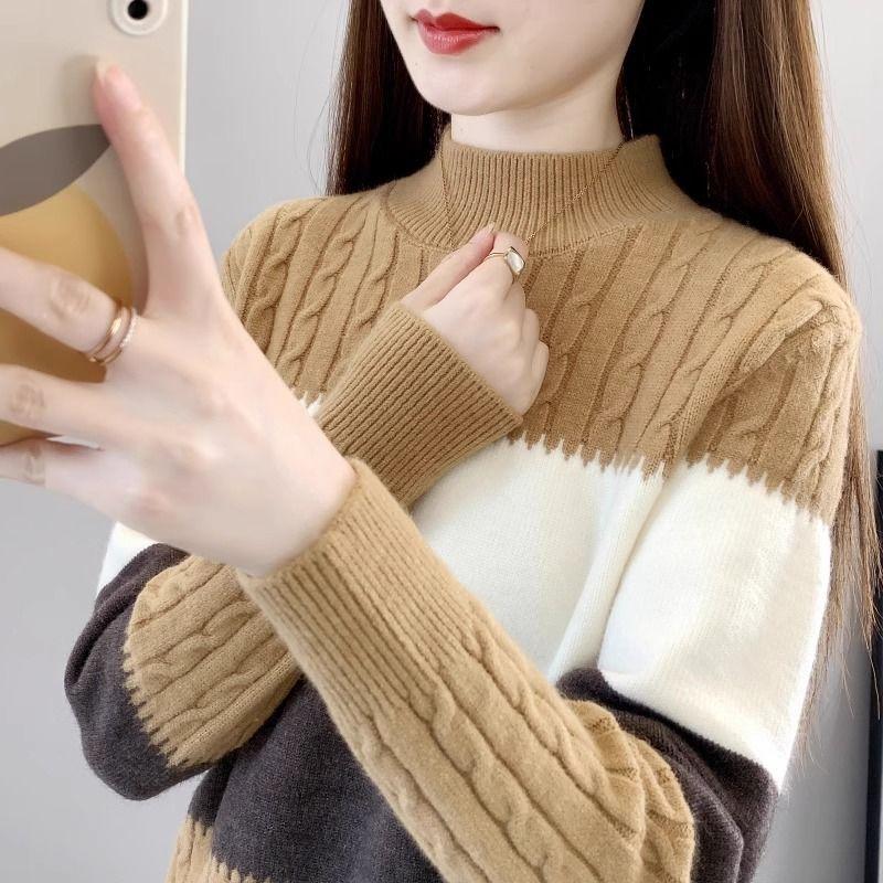 Women's Half Turtleneck Sweater Fall Winter Loose Knit Sweater Top Pullover Knit Jumper Color-blocked Plaid Knitwear