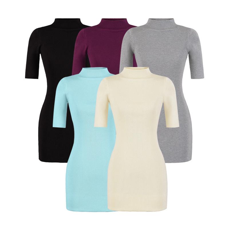 American Spicy Girl Sexy Half-High Collar Mini Dress with Waist-Cinched A-Line Skirt and Five-Point Sleeves
