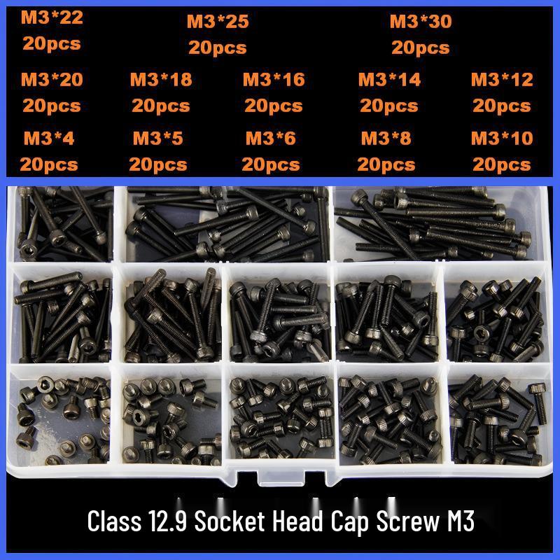 360-Piece High Strength Grade 12.9 Internal Hex Socket Screw and Hex Nut Set (M3, M4, M5, M6)