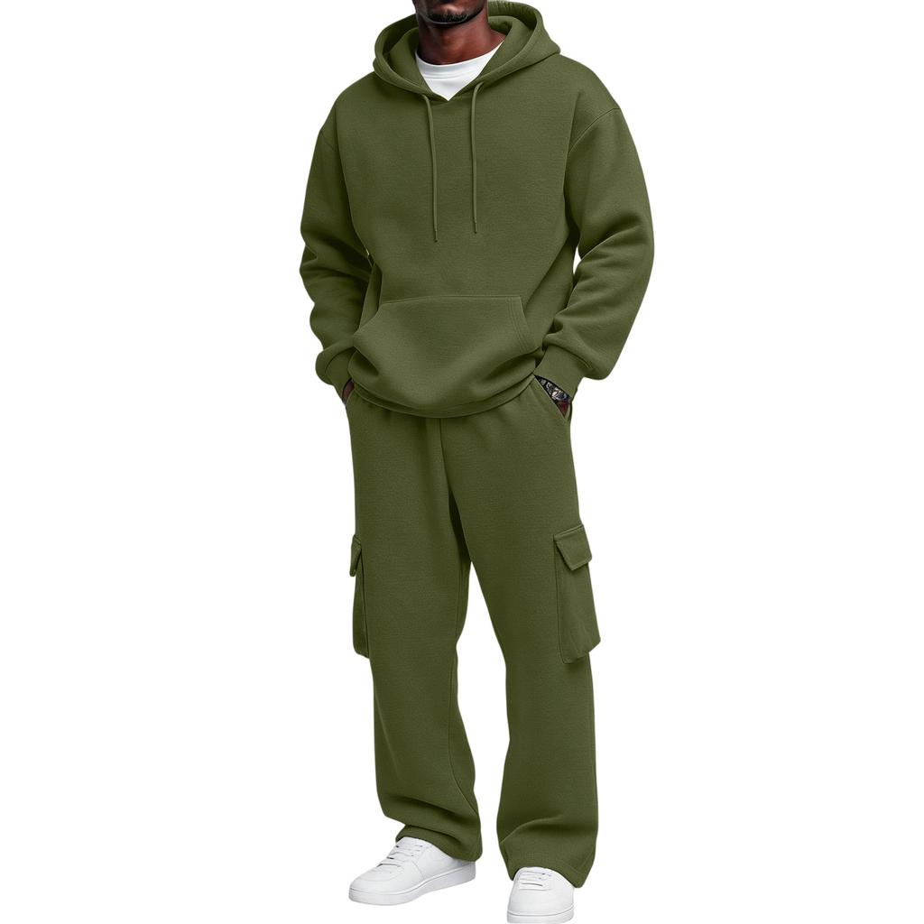 Men's Casual Zip-Up Hoodie and Elastic Waist Cargo Pants Two-Piece Track Suit Set
