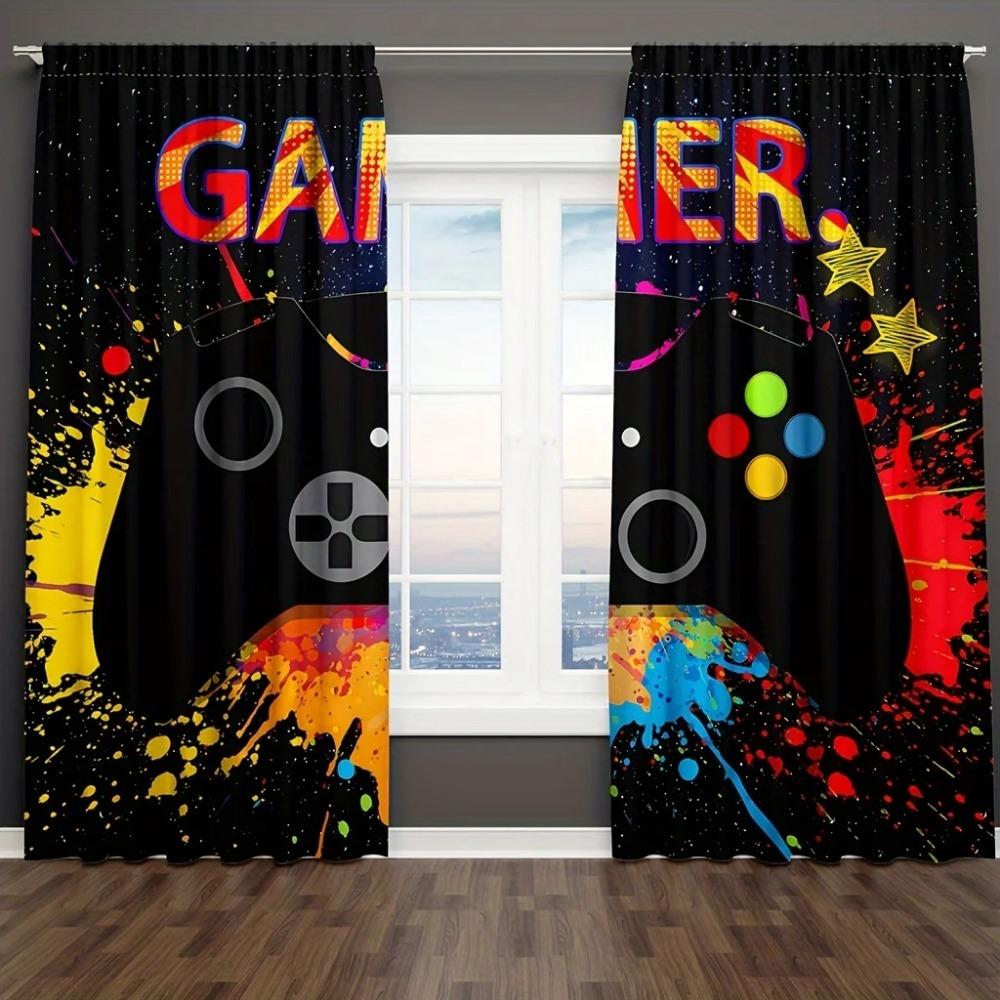 2 Panels Gamer Curtains for Bedroom Rod Pocket Video Game Gaming Graffiti Gamepad Controller for Residential Space Space Decor Window