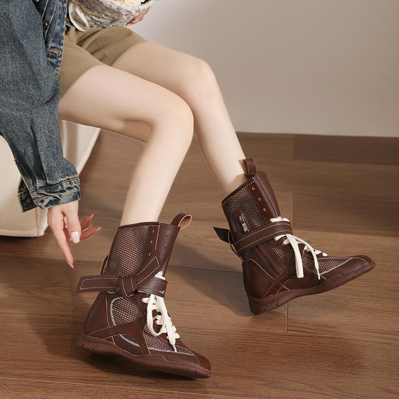 2025 New Hollow Breathable Short Boots Martin Boots Women's Retro Round Head Lace-up Inner Height-increasing Boxing Boots Medium Boots
