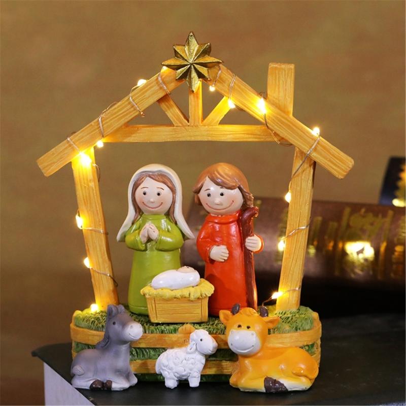 LED Lighted Traditional Christmas Nativity Scene Ornament Set Resins Figurines for Home Table and Fireplaces Decoration