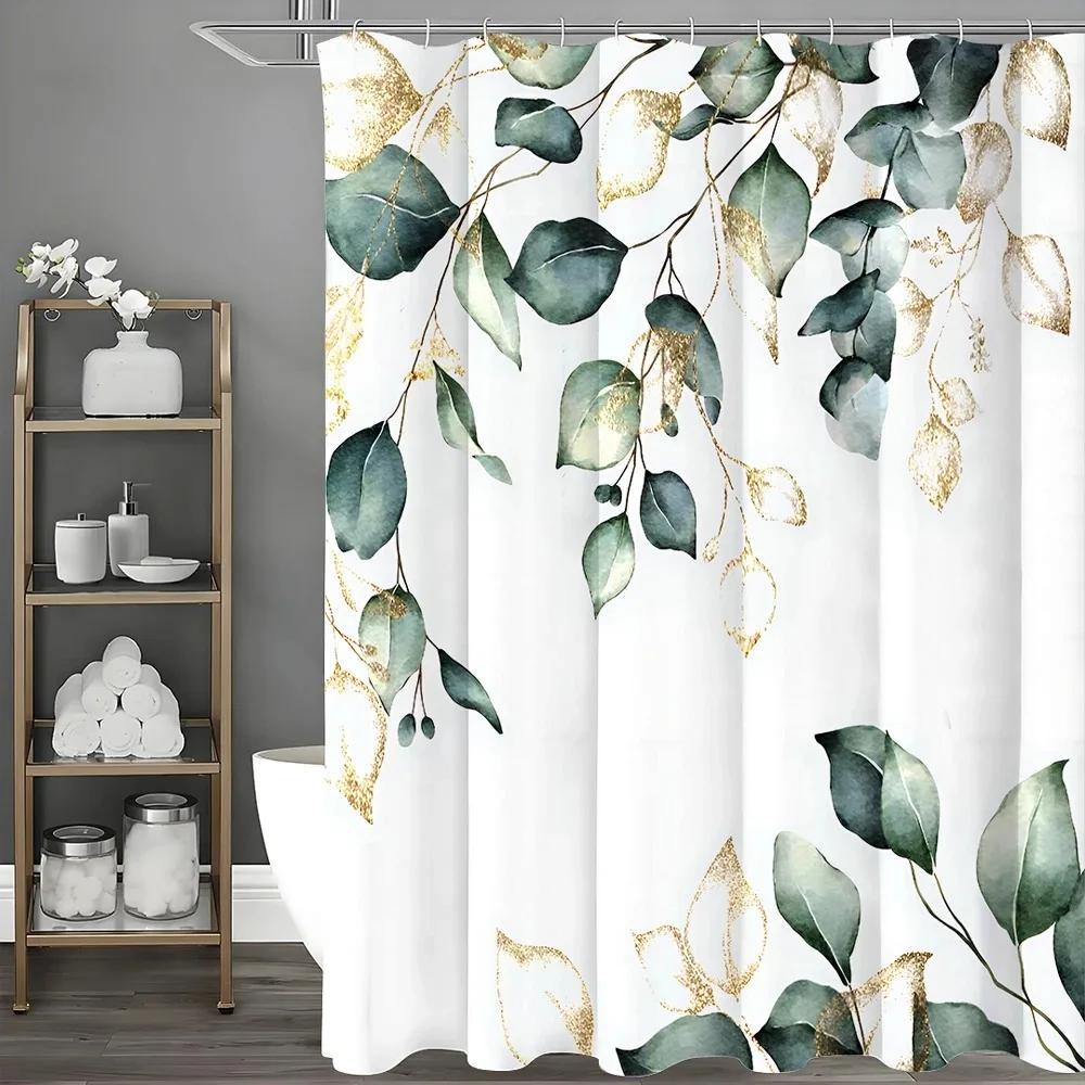 Green Eucalyptus Shower Curtain, Gold Leaf Watercolor Botanical Floral Shower Curtain Waterproof Fabric Bathroom Decor Easy Care