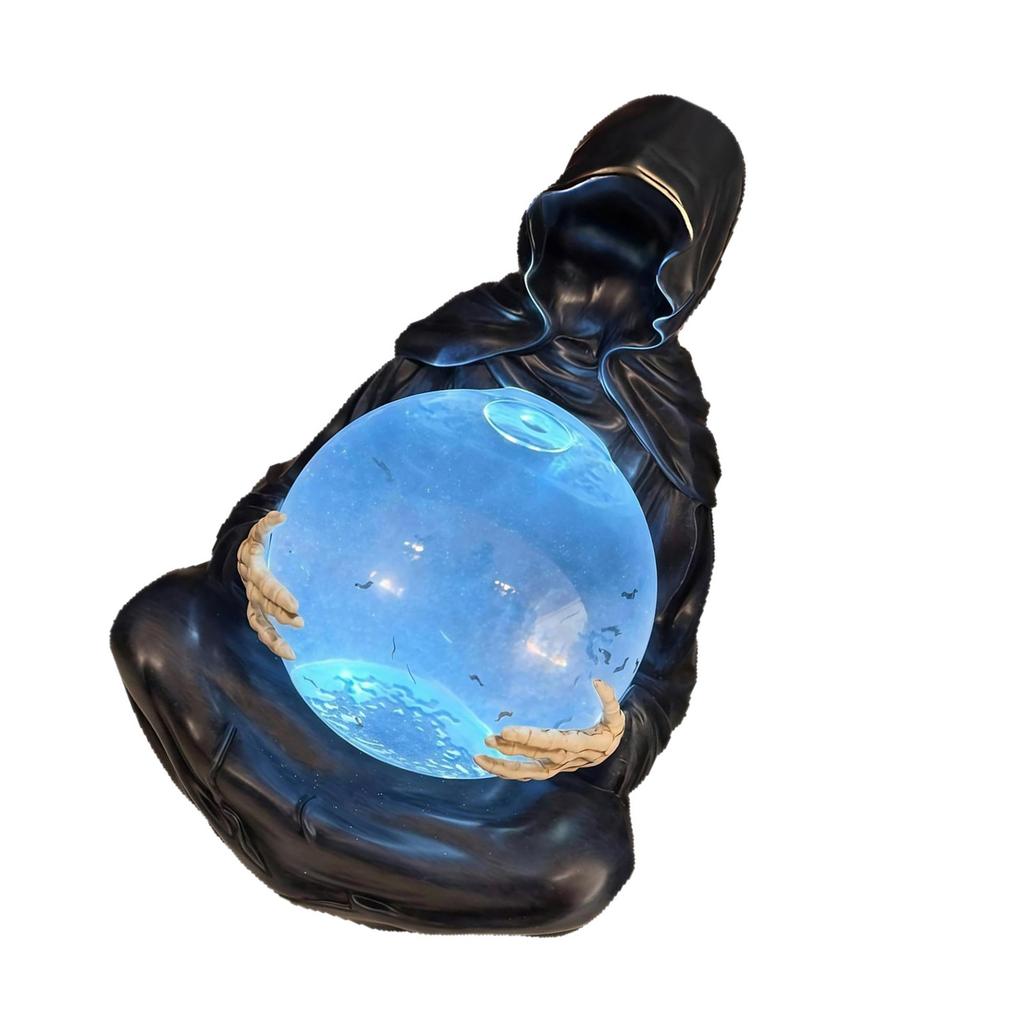 Resins Death God Sculpture Crystal Ball Halloween Decors LED Light Up With Flying Bats For Home Party Collectible Gift