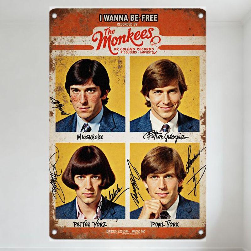 The Monkees I Wanna Be Free Vintage Metal Tin Sign - 1960s Retro Rock Band Wall Plaque for Home Man Cave Bar Decor