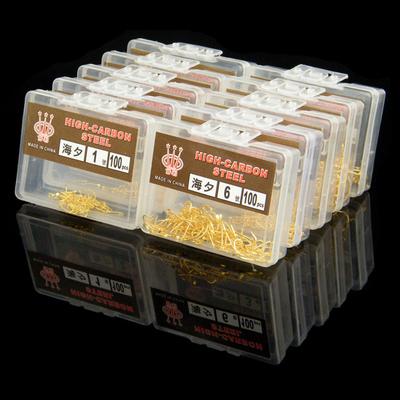 100pcs Haiyu Barbed Gold Fish Hooks Wild Fishing Long Shank Black Pit Tackle Supplies Boxed