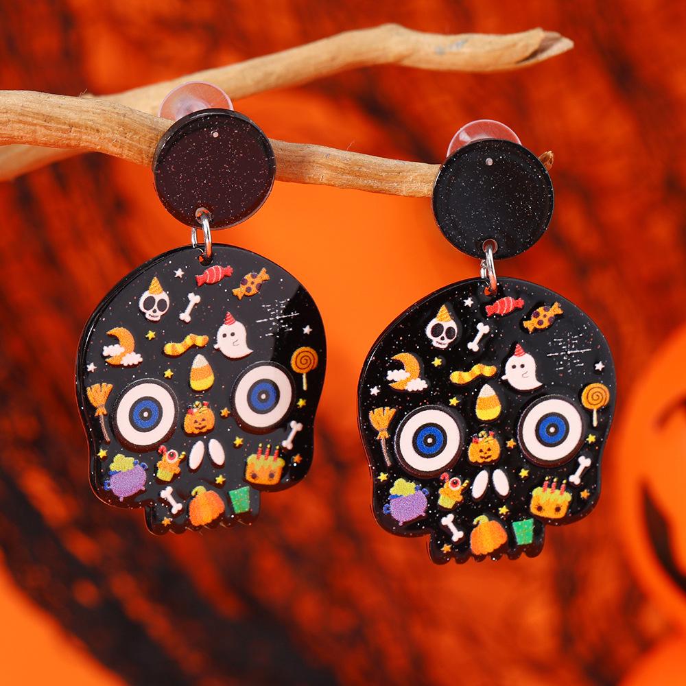 Fashionable Acrylic Ghost & Skull Pumpkin Earrings