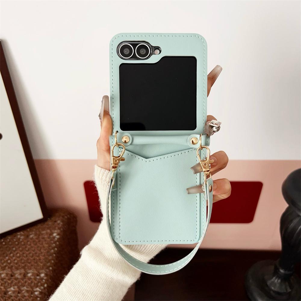 Luxury Leather Card Holder Slot Wrist Strap Case for Samsung Galaxy Z Flip7 6 5 4  Flip6 Flip5 Wallet Lanyard Solid Color Cover