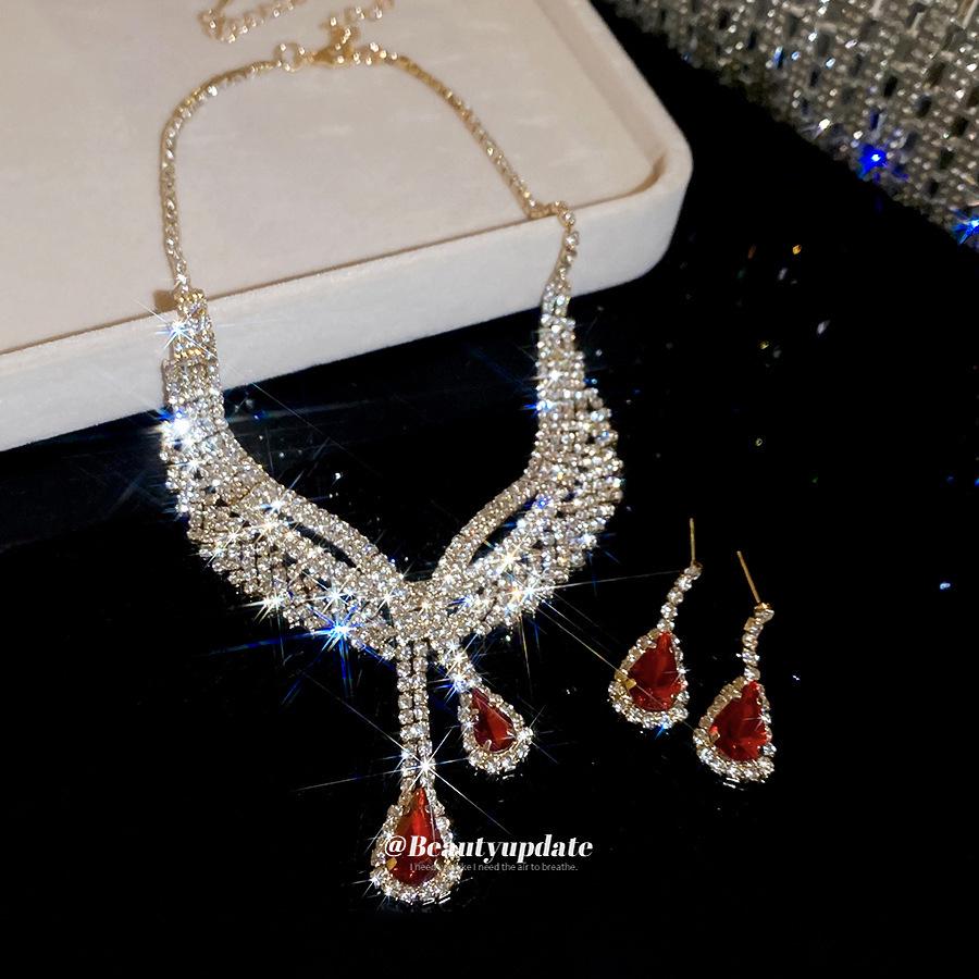 Exquisite Rhinestone Water Drop Tassel Necklace & Earring Set - Luxurious European & American Style