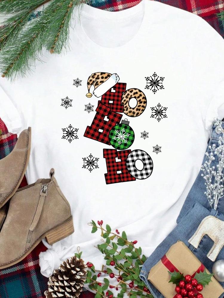 (Asian Size) Tee New Year Holiday Merry Christmas Top Festival Casual Leopard Tree Style Cute Women Print Lady Short Sleeve Fashion Graphic T-shirts