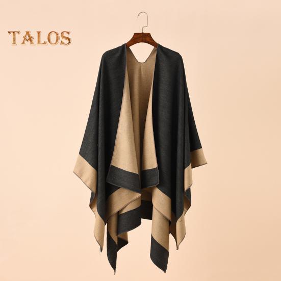 Women Warm Shawl Wrap Fall Winter Double-Sided Open Front Cape with Color Contrast Multiple Ways to Wear Poncho Sweater