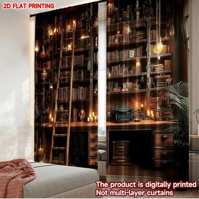Set Of 2 Vintage Home Library Scene Curtains Floor Ceiling Bookshelf Ladder Decor Single Layer Realistic Interior View Curtain Made Polyester