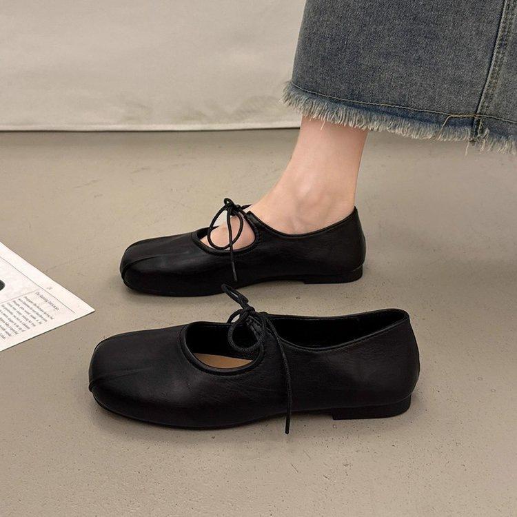 Lace-up Mary Jane Shoes Women's Autumn New Round Head One-word Belt Flat Ballet Shoes Shallow Mouth Single Shoes Tide