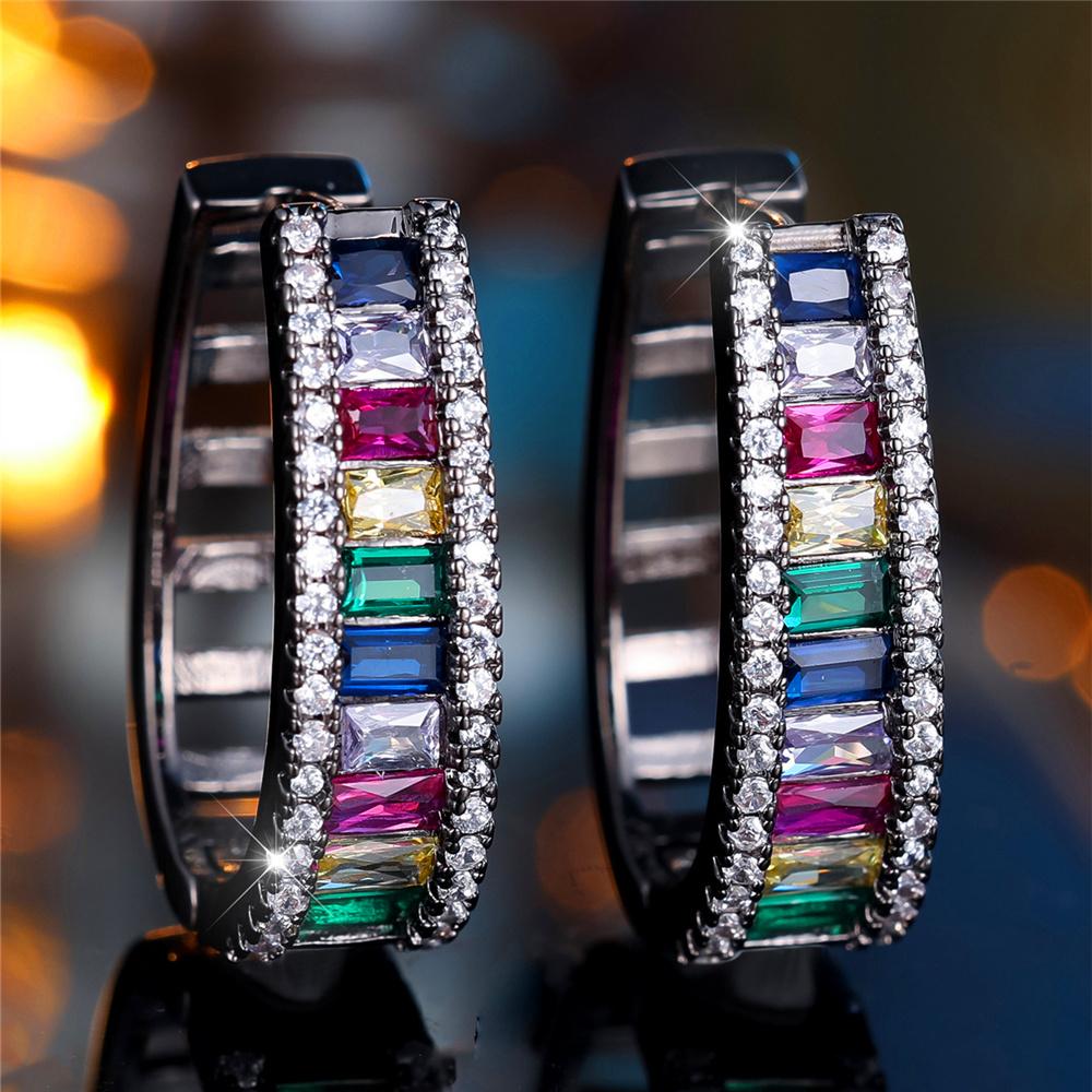 Charm Female Rainbow Zircon Stone Hoop Earrings Silver Color Wedding Jewelry For Women