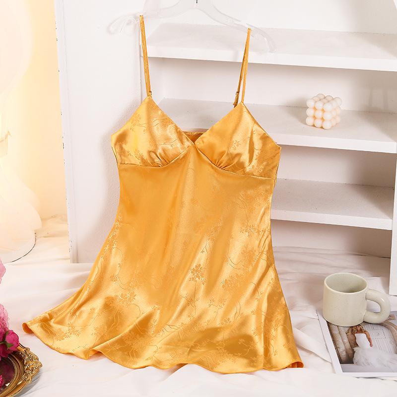 Sexy short backless home nightdress, solid color summer jacquard V-neck suspender skirt simulation silk thin dress women