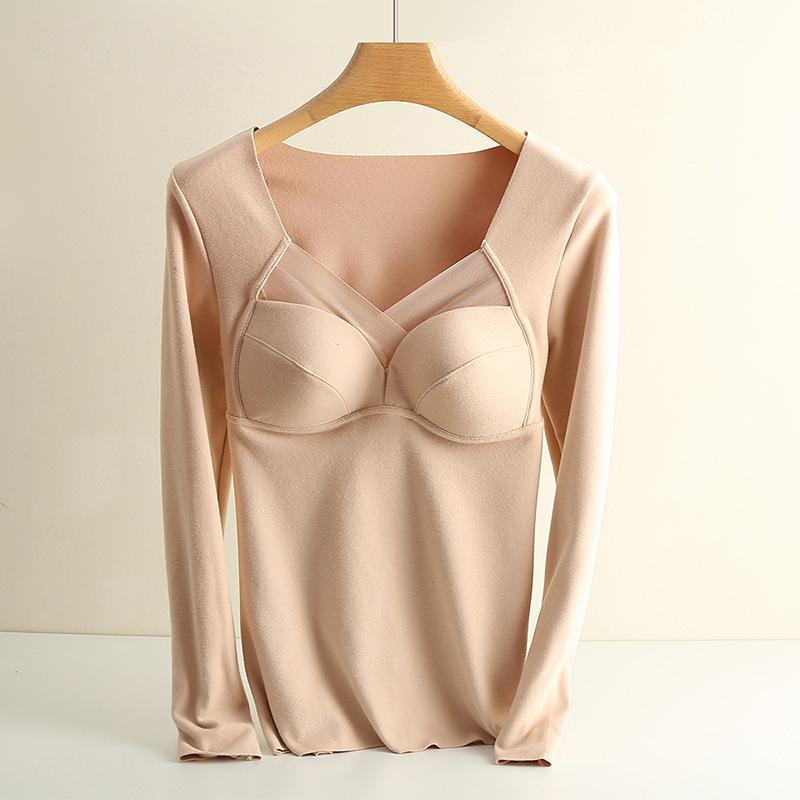 3901 Long-Sleeve Women's Warm V-Neck Tulle Top with One-Piece Cup