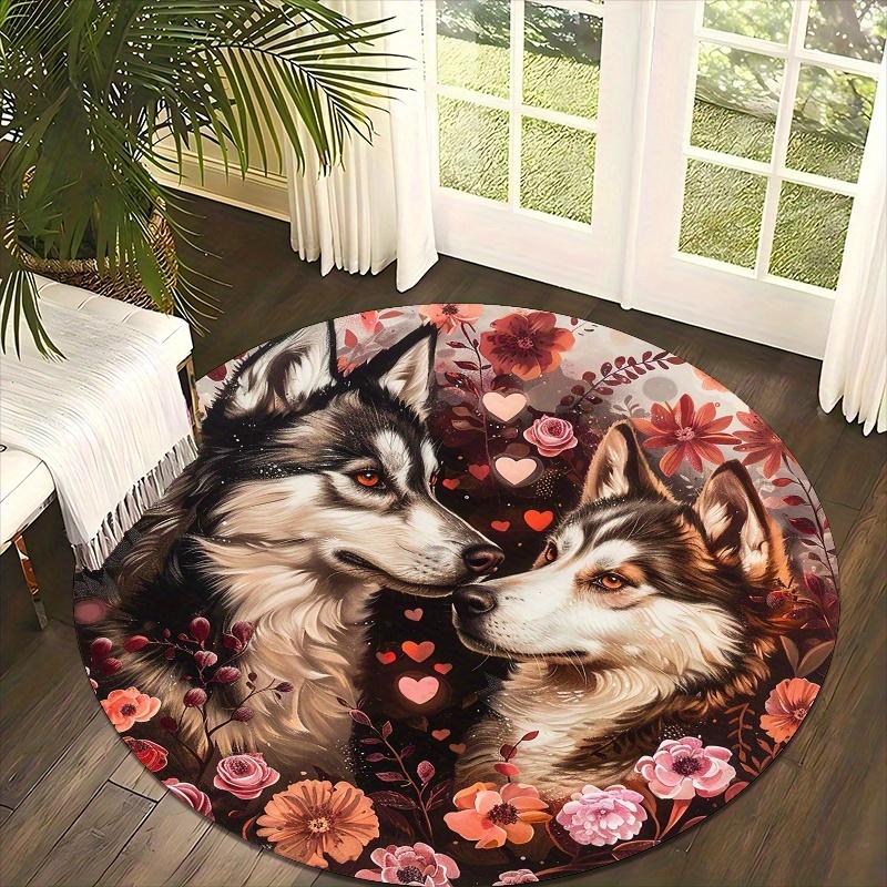 Two Wolves Love Hearts Roses Round Rug Flannel Romantic Animal Floor Mat for Couple Bedroom Valentine Decor Area Carpet Diameter 60cm